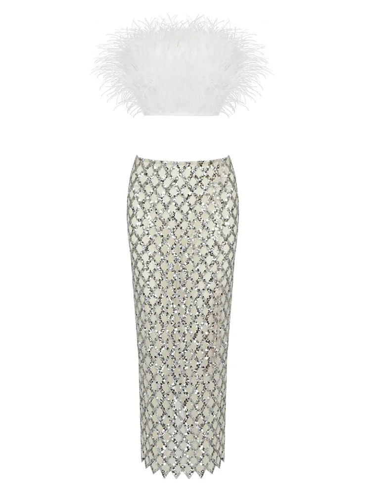 Luxury Sequins Feather Strapless Top+ Skirt Two Piece Set White Black Off Shoulde Sequins Mesh Splice Bodycon Two Piece Set