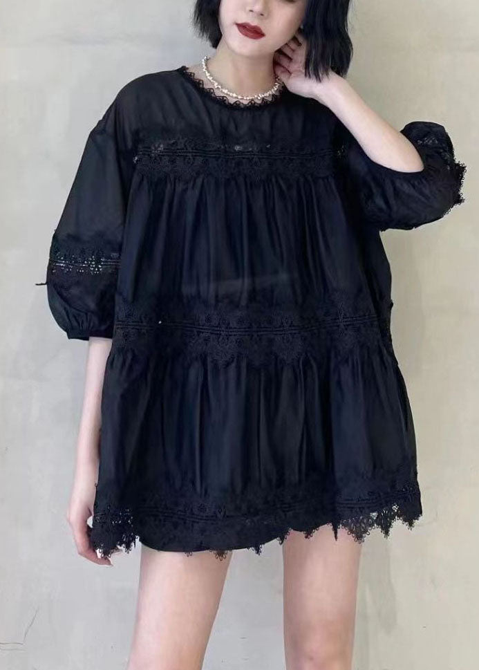 VCSHOES Loose Black Ruffled Lace Patchwork Silk Cotton Top Fall