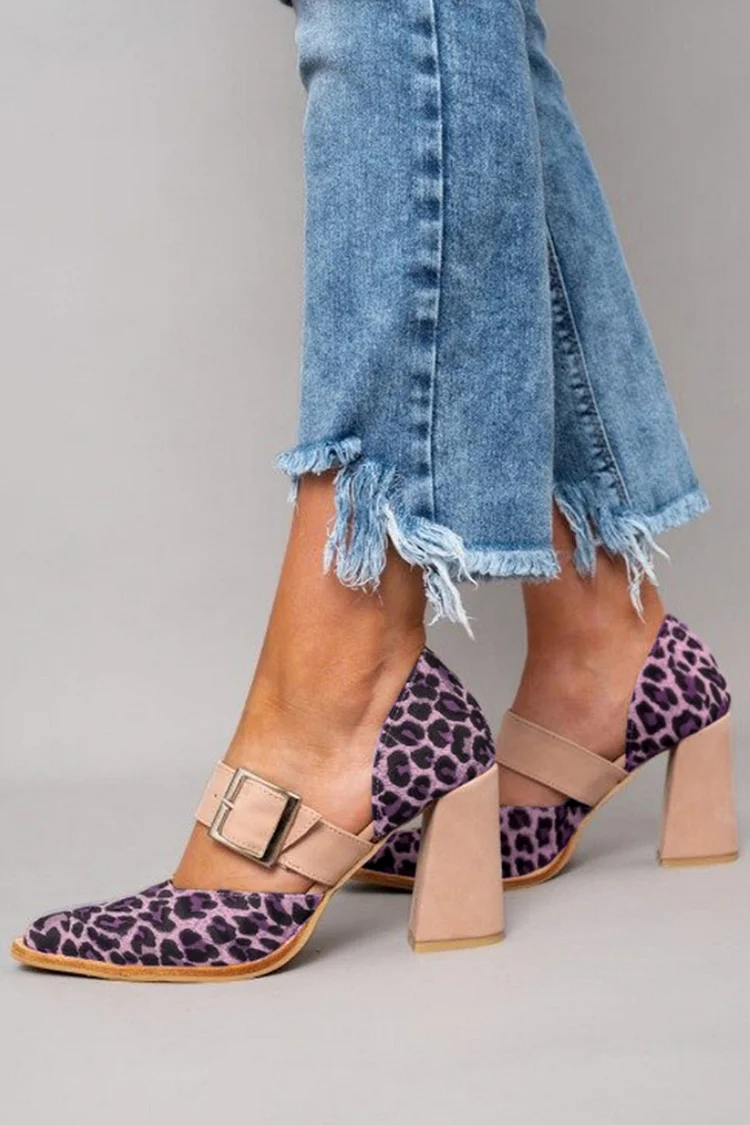 Leopard Print Pointed Toe Colorblock Strap Purple Chunky Heels