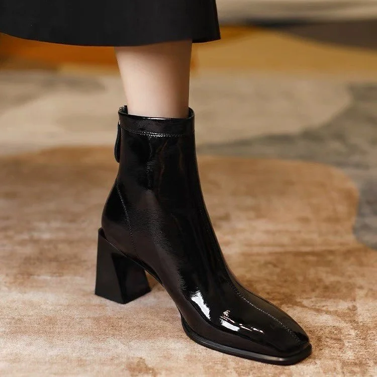Tanguoant Tanguoant Zi Yan Paint Leather Martin Boots Women's High Heel 2023 Autumn And Winter New Square Head Thick Heel Single Boots Show Thin Short Leg Boots