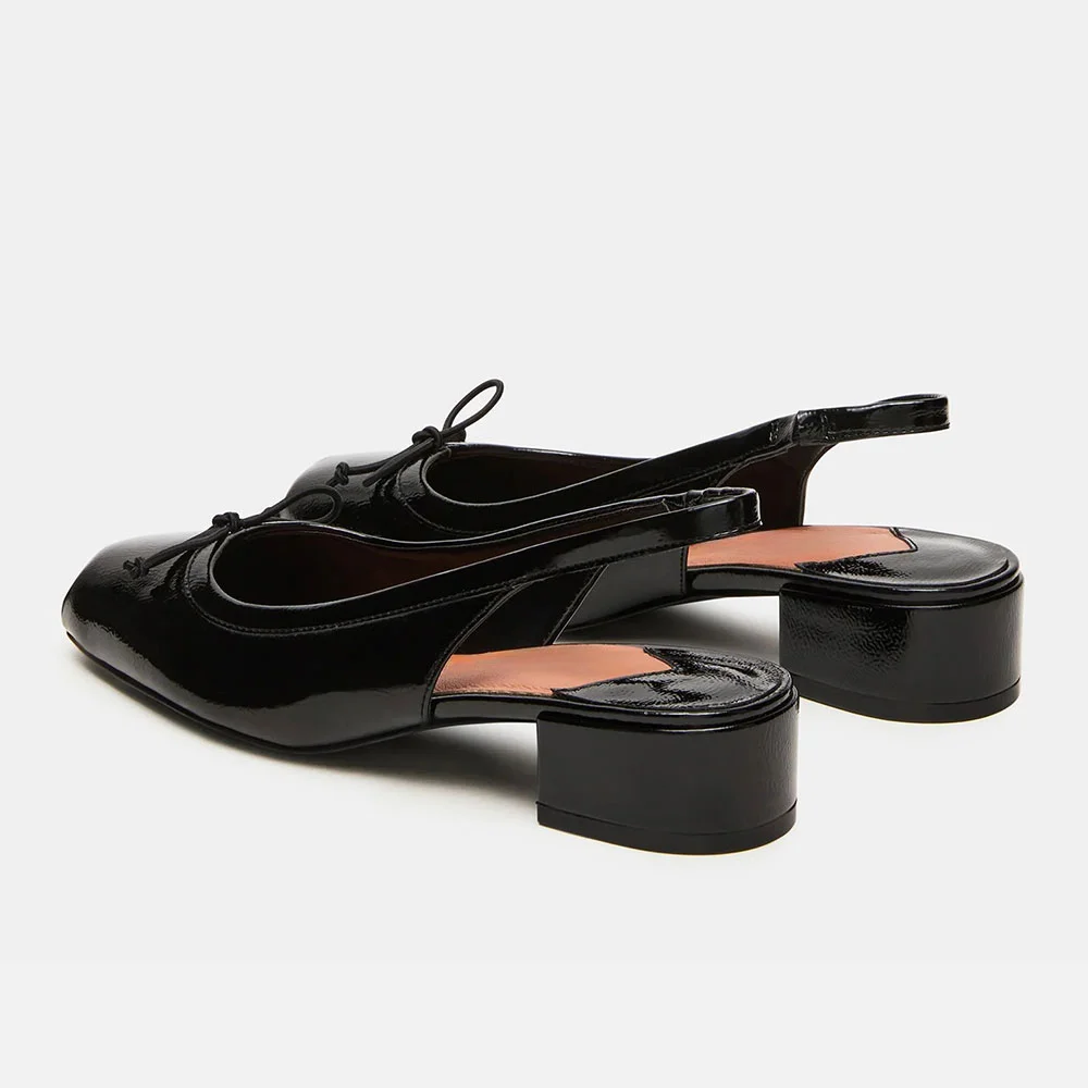 Women's Elegant Black Square Toe Bow Slingback Low Block Heel Pumps