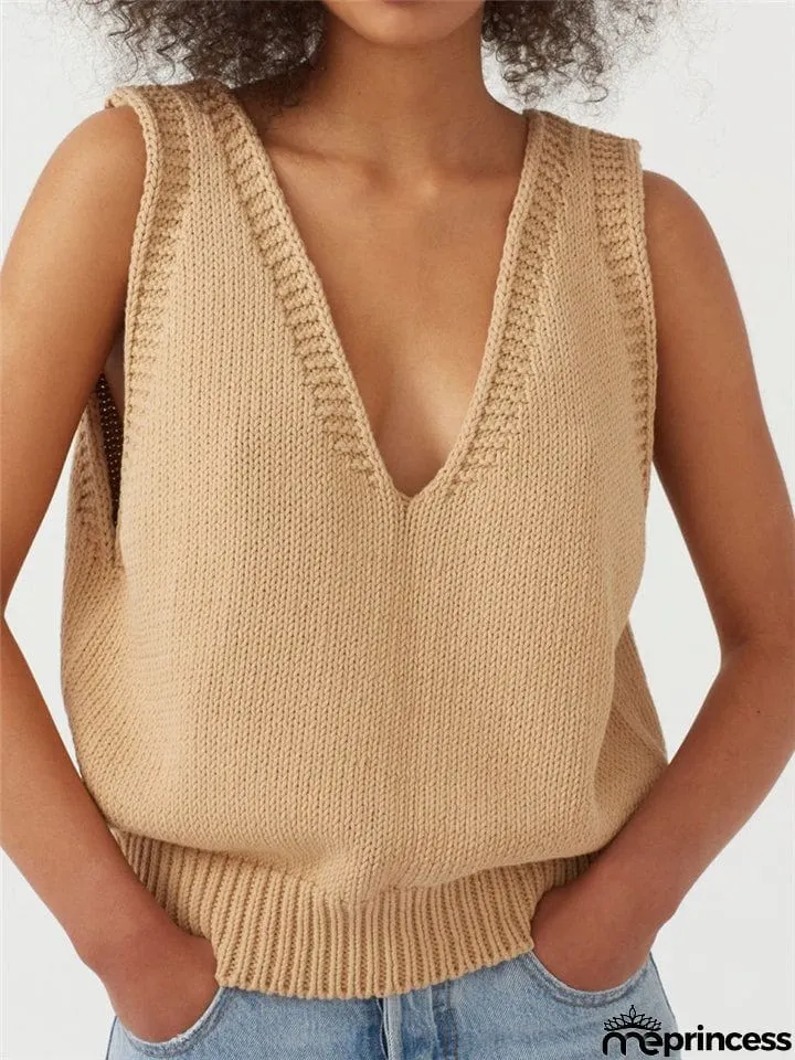 Relaxed Fit Fine Knit V Neck Ribbed Detailing Solid Color Sleeveless Sweater Vest