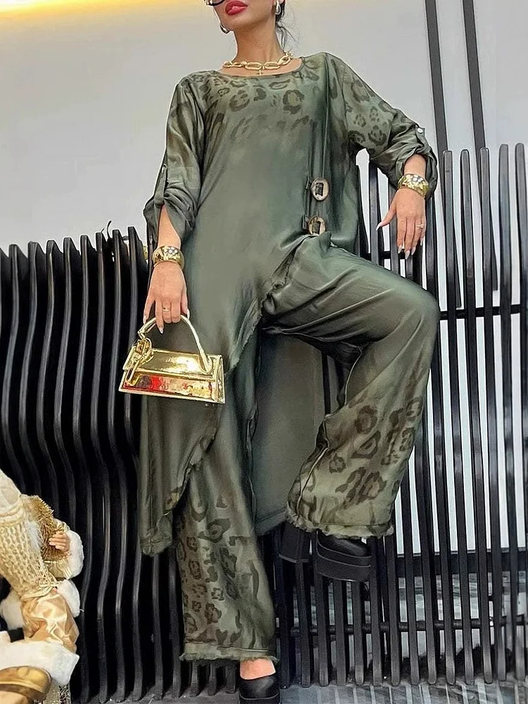Women's Round Neck Irregular Leopard Print Gradient Casual Suit 