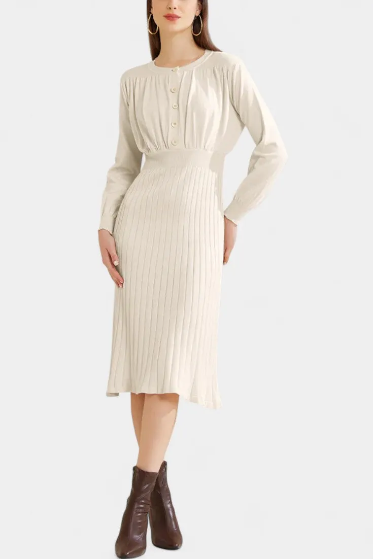 Ribbed Midi Dress with Buttoned Puff Sleeves and Pleated Skirt