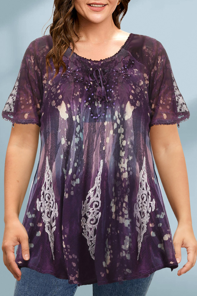 Flycurvy Plus Size Casual Purple Tie Dye Print Decorative Lace-Up Blouse