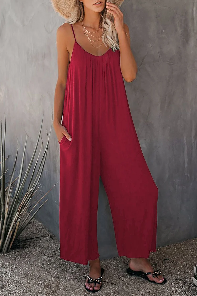 Strap Jumpsuit Women's New Solid Color Pocket Casual Jumpsuit