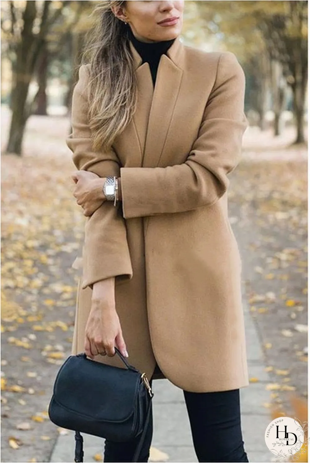 New Autumn and Winter Fashion Womens Solid Color Stand-Up Collar Woolen Coat Lapel Wool