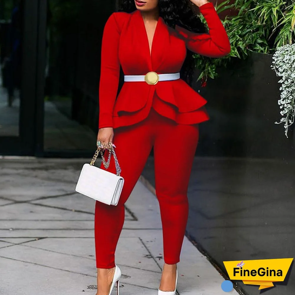 Women's Formal Office Outfits Work Blazer Business Jacket Pants Ruffle Suit Set Solid Color