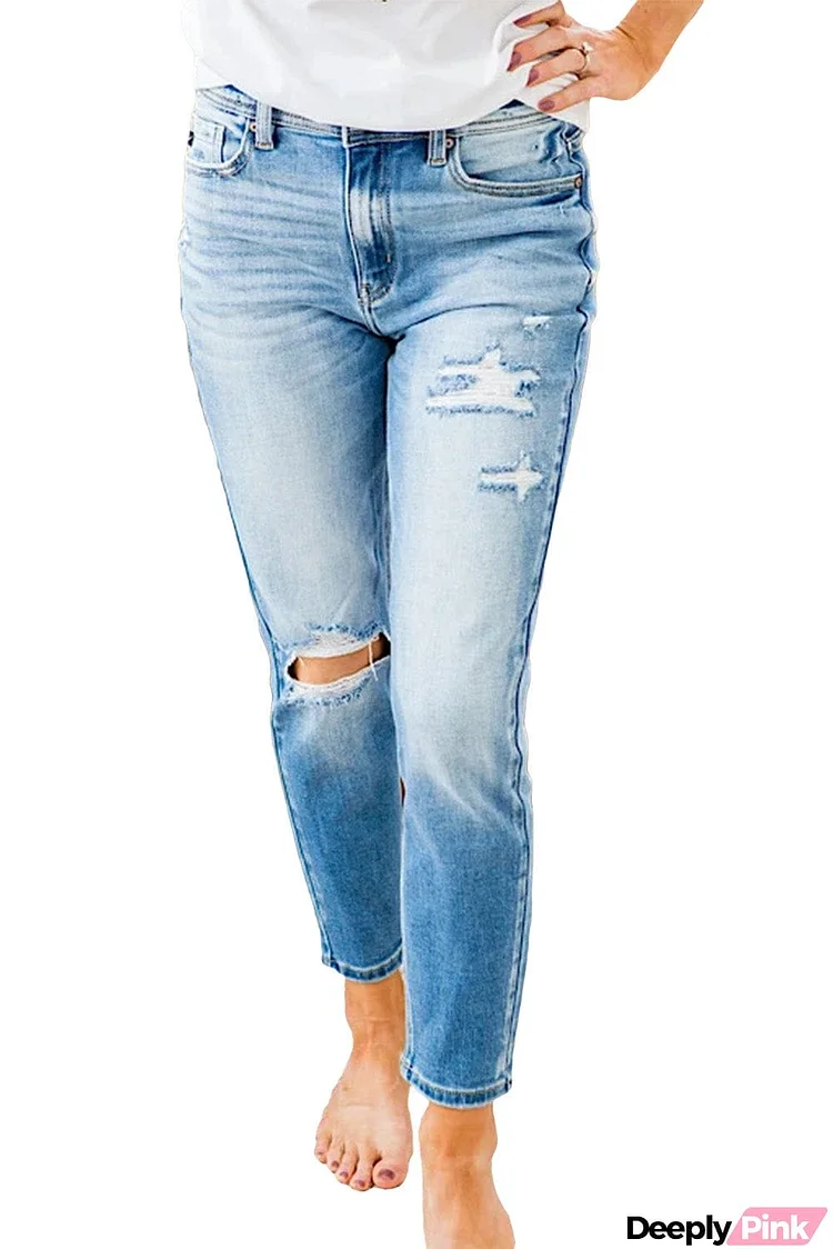 Wash Distressed Mid Waist Jeans