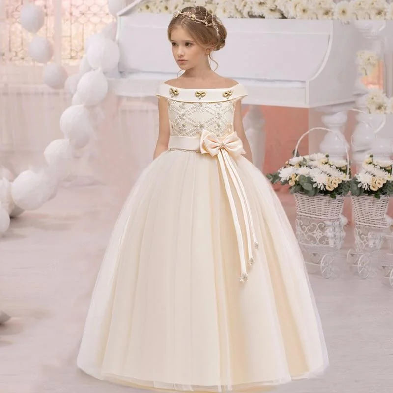 2021 Summer  White One Shoulder Long Bridesmaid Dress Girl Bow Gown Kids Dresses For Girls Children Princess Party Wedding Dress