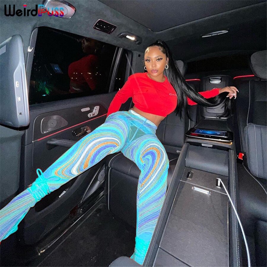 Weird Puss Leggings Sexy Women See Through Workout Colorful Print Trend Summer Tights Party Clubwear Style Elastic Hight Outfits