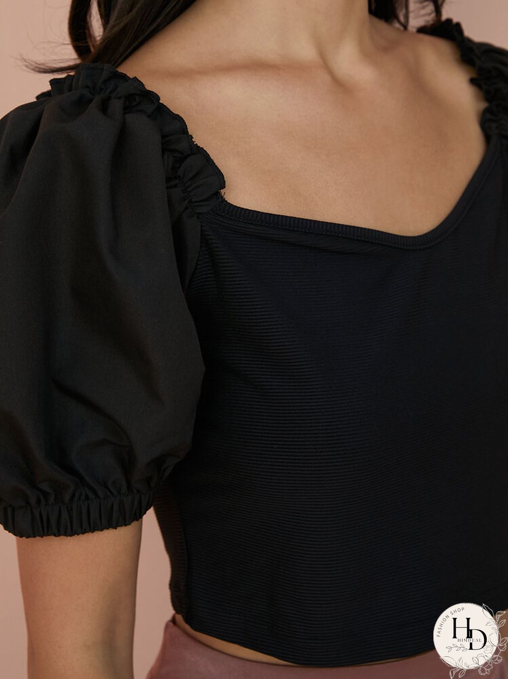 Solid Puff Sleeve Square Collar Crop Top For Women