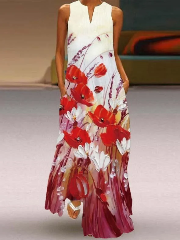 Women's V-neck Sleeveless Floral Printed Maxi Dress