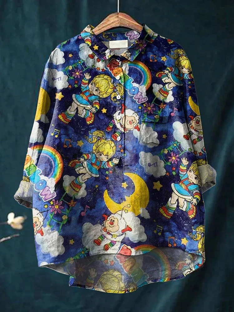 Vintage 1980 Rainbow Girl Cartoon Pattern Art Print Casual Cotton And Linen Shirt