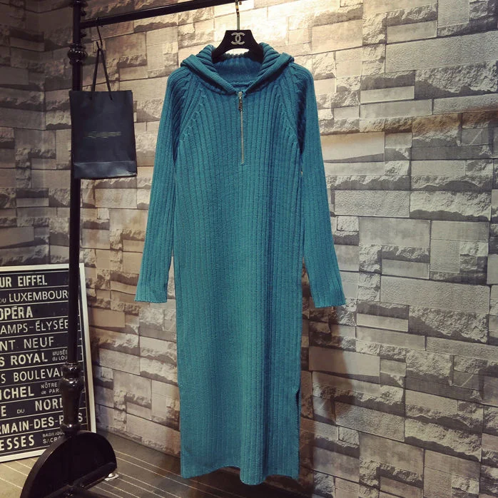 Autumn and winter fashion temperament new hooded long over-the-knee sweater dress women loose solid color knitted dress