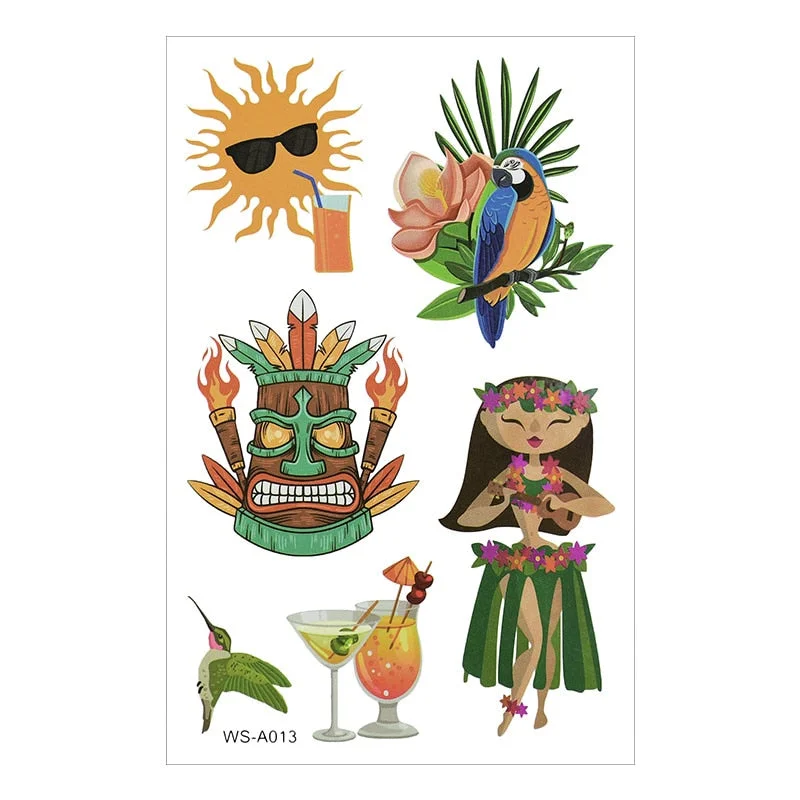10Sheets Hawaiian Party Aloha Temporary Tattoo Sticker Waterproof Tropical Flamingo Party Luau Summer Beach Birthday Decorations