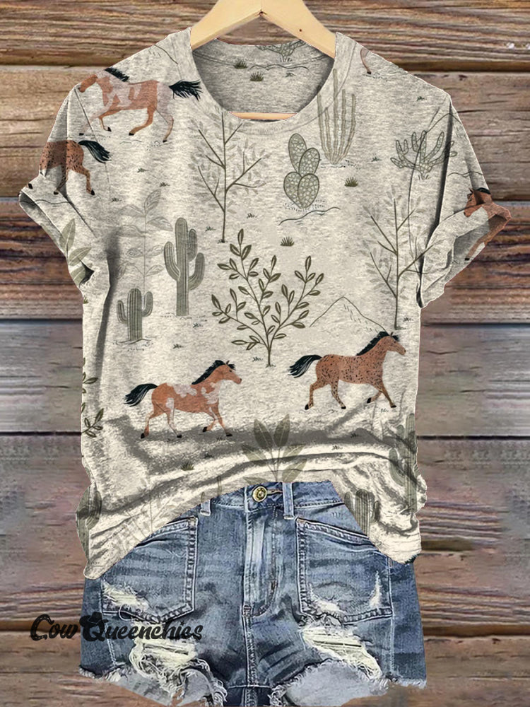 Western Desert Horse Print Comfortable T-Shirt Beige / S