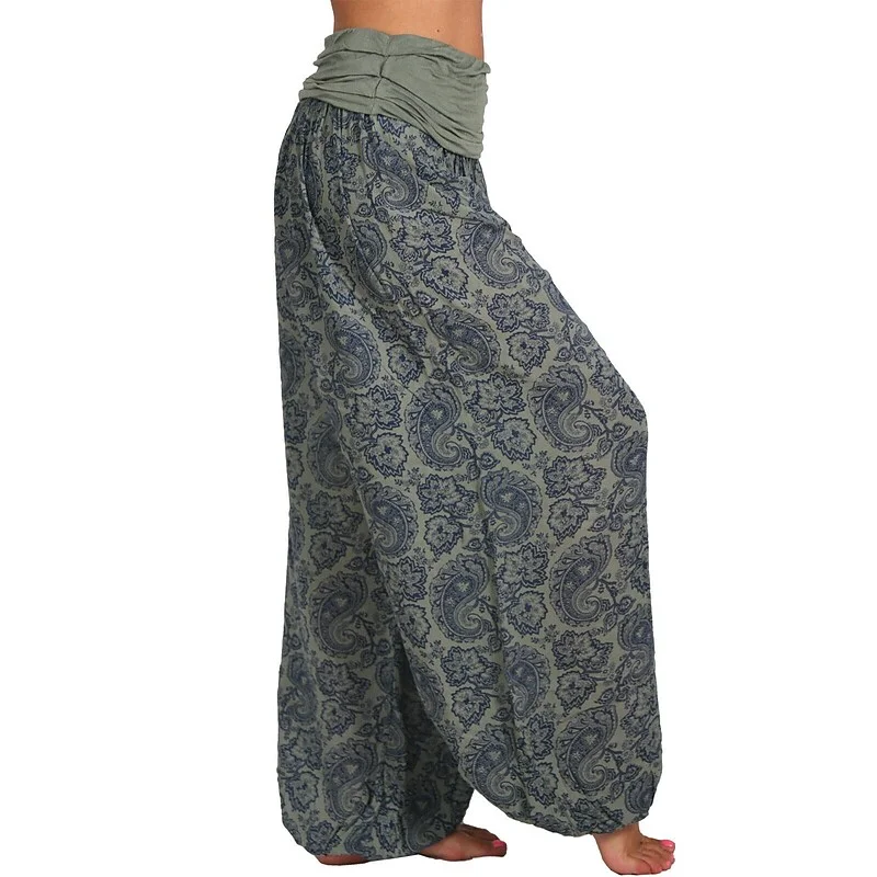 Women‘s Harem Hippie Pants Boho Floral Print Baggy Wide Leg Ruffle Waist Smocked Waist Yoga Pants Plus Size | IFYHOME