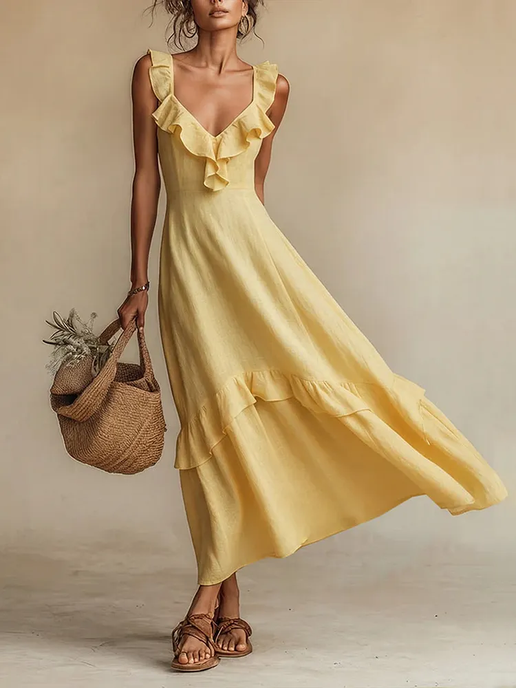 Elegant Ruffled Linen And Cotton Dress