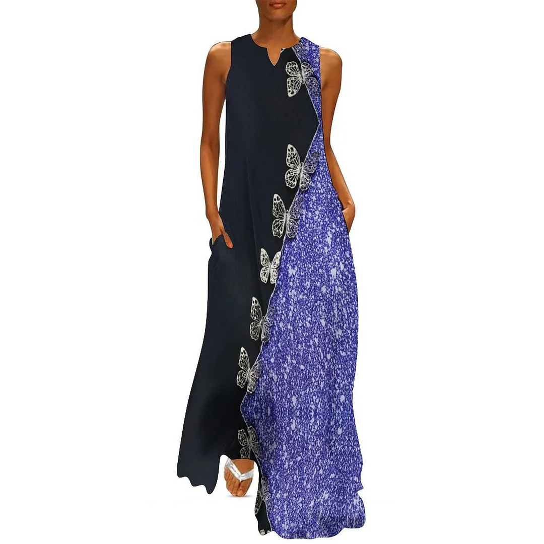 Style & Comfort for Mature Women Plus Size Printed Sleeveless Casual Women Maxi Dress with Pockets in Pattern Purple, Butterfly, Glitter
