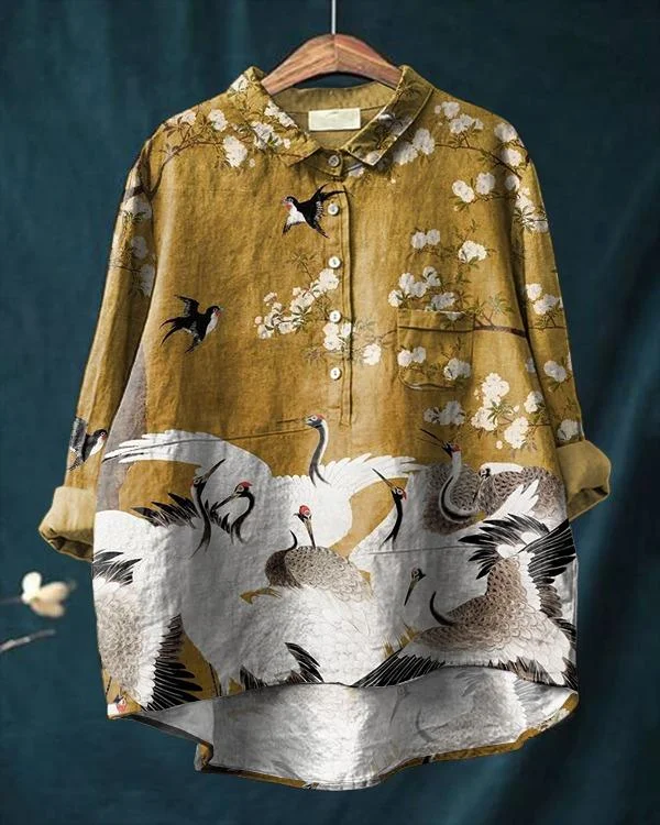 Women's Japanese Art Art Print Casual Cotton And Linen Shirt