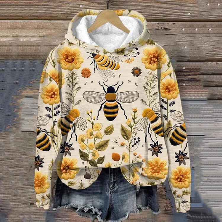 Comstylish Bee And Flower Embroidered Art Print Long Sleeved Sweatshirt