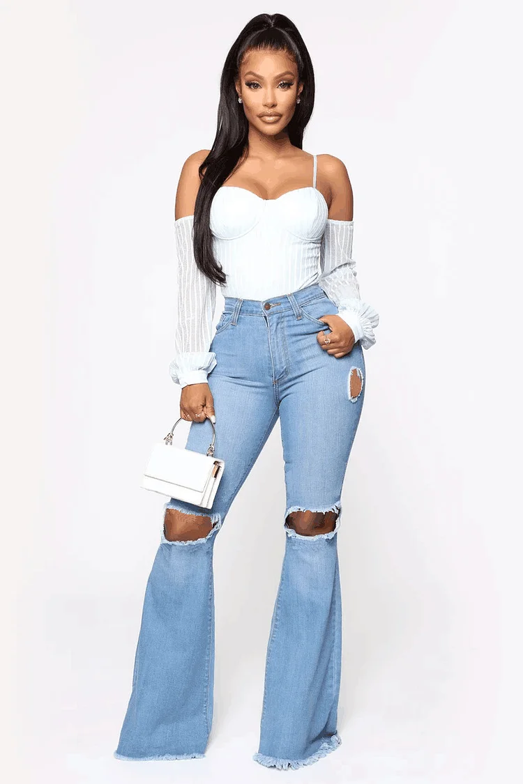 Vintage High Waist Stretch Ripped Flare Jeans