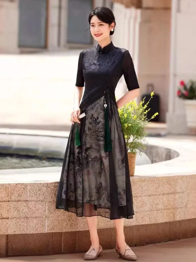Chinese water painting pattern, long A-line Cheongsam