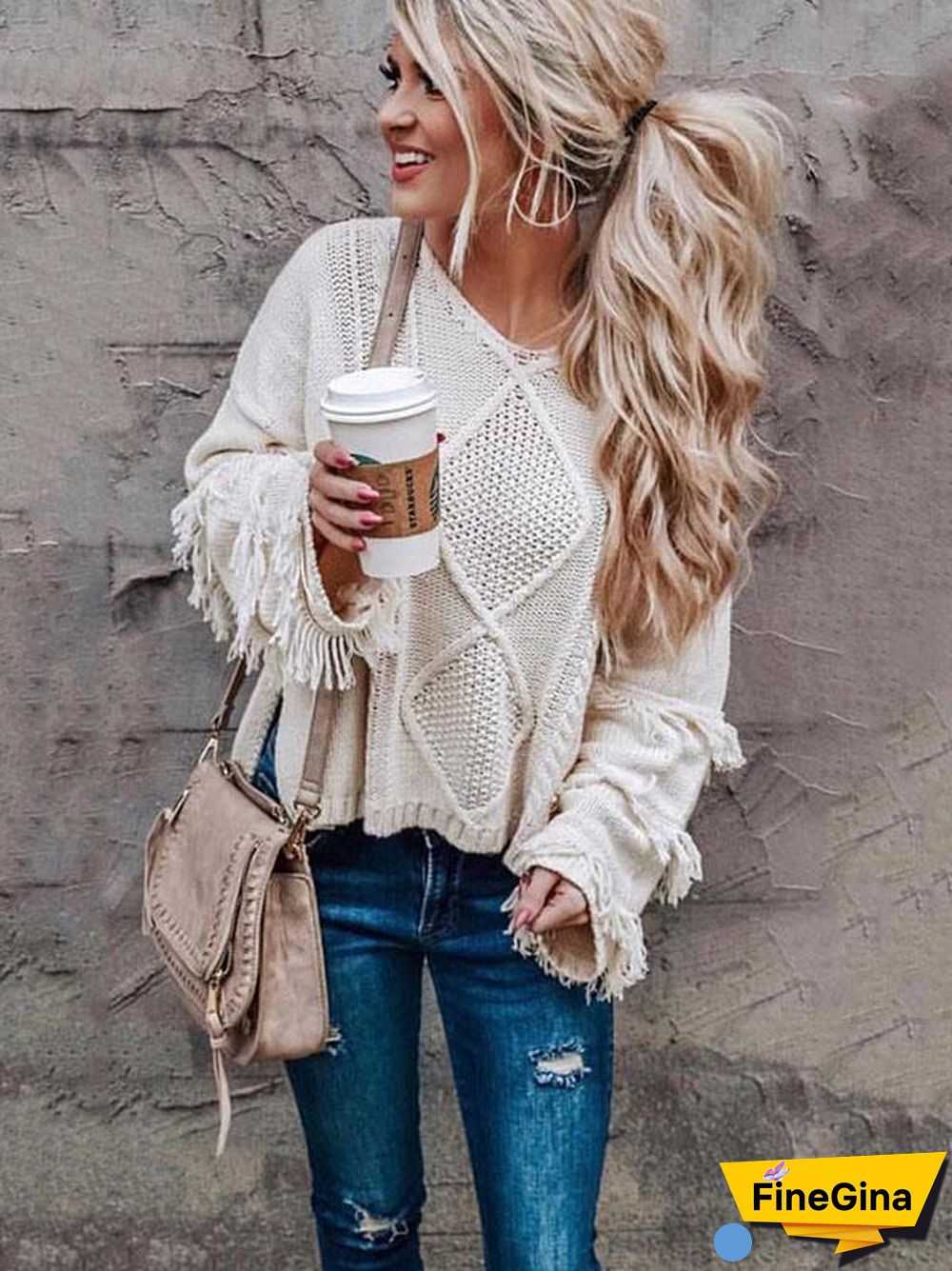 Solid Color V-neck Loose Sweater Tops