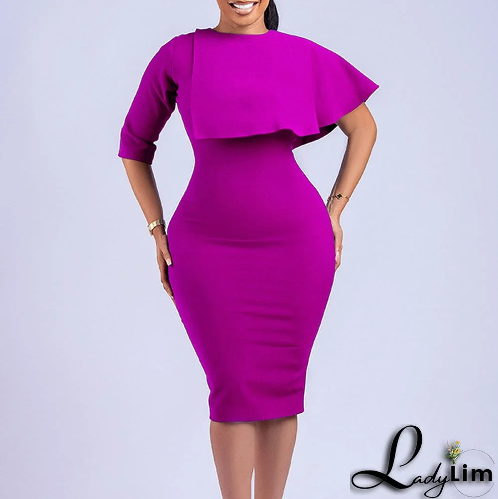 Plus Size Ladies' High Waist Ruffled Chic Bodycon Pencil Dress