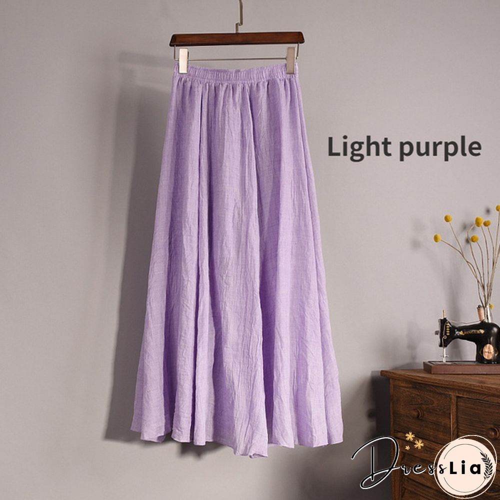 Women Cotton Linen Pleated Maxi Skirt Elastic Waist Vintage Solid Color Boho Beach Spring Summer Pleated Maxi Skirt
