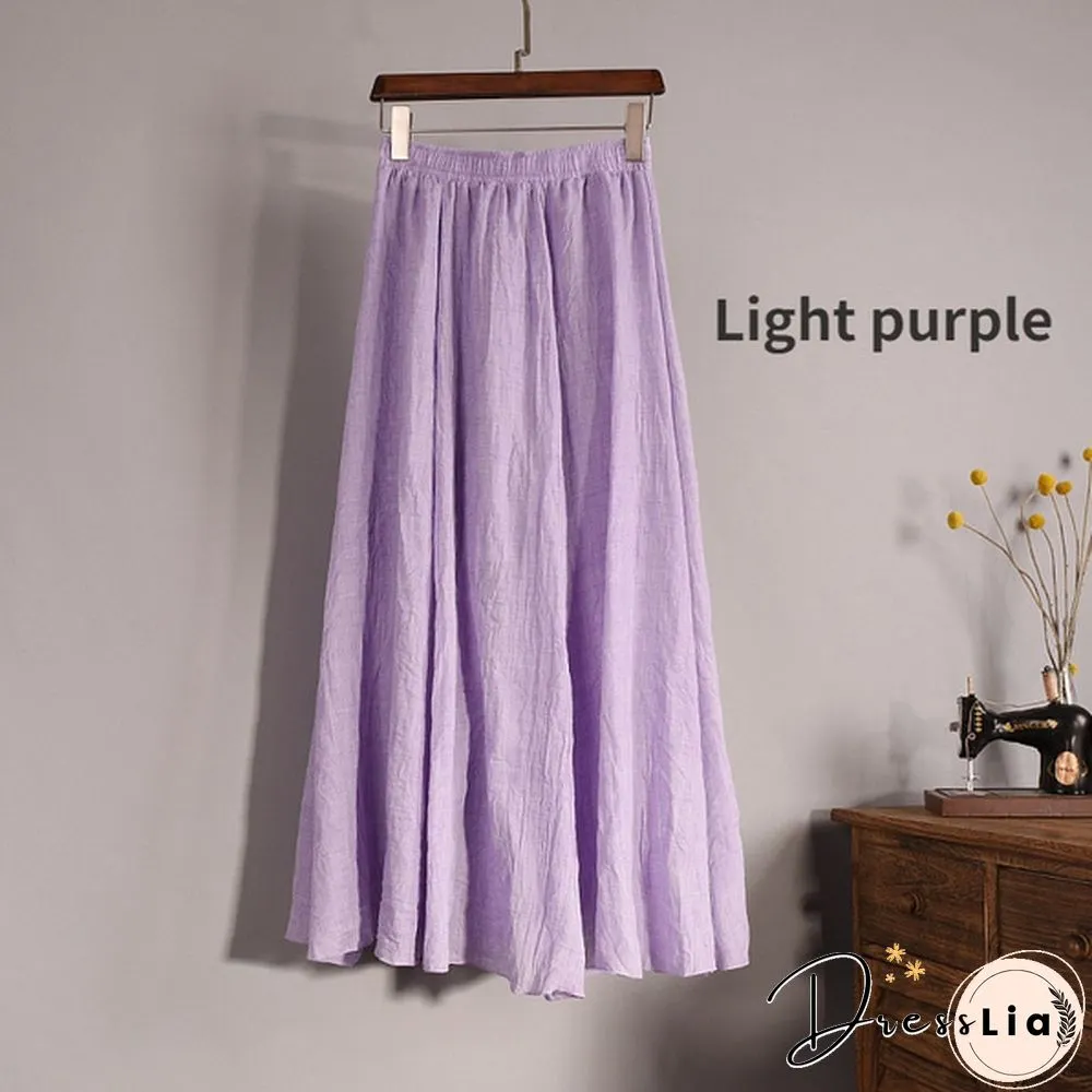 Women Cotton Linen Pleated Maxi Skirt Elastic Waist Vintage Solid Color Boho Beach Spring Summer Pleated Maxi Skirt
