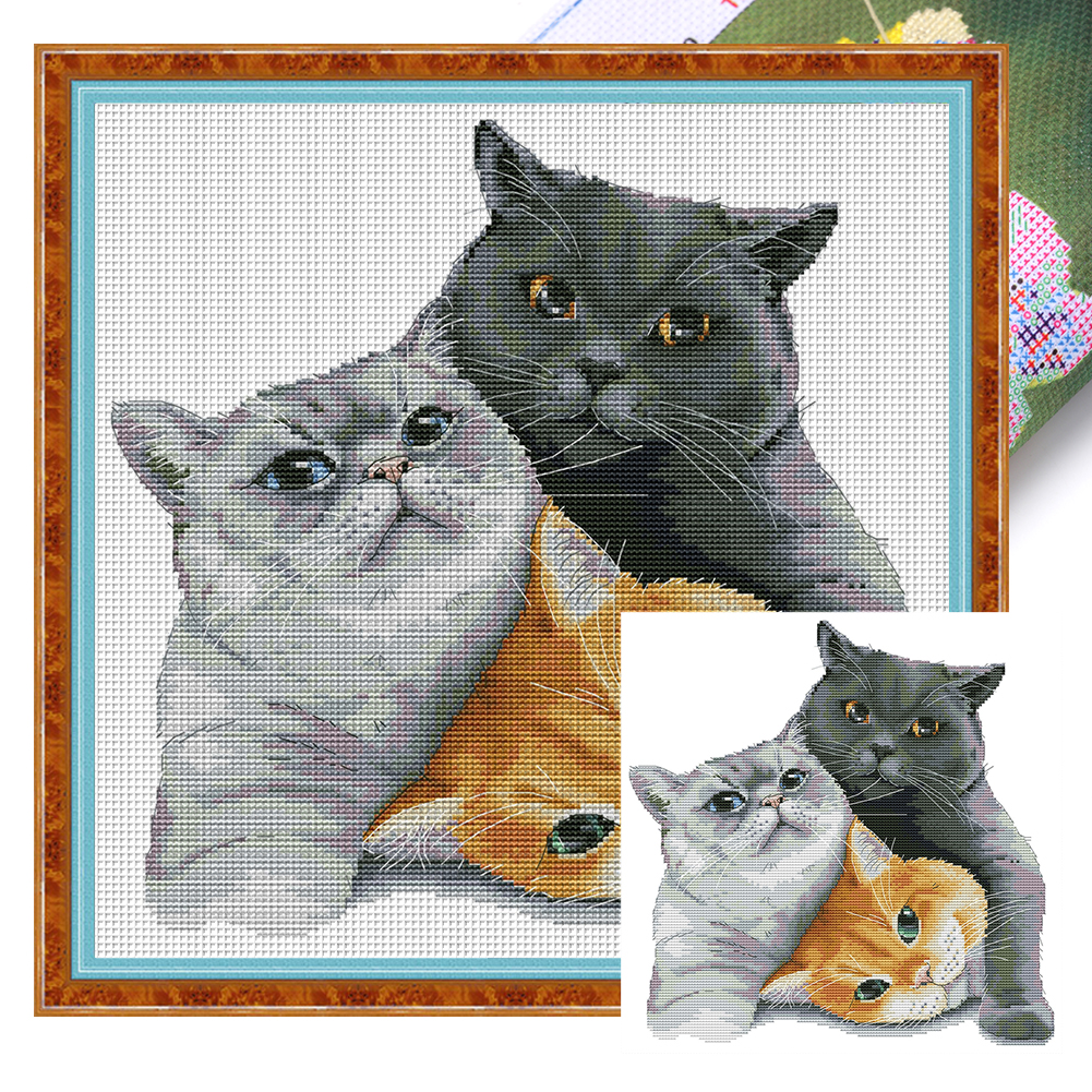 【Joy Sunday】Three lazy cats Partial 14CT Pre-stamped Canvas(35*35cm) Cross Stitch(backstitch)