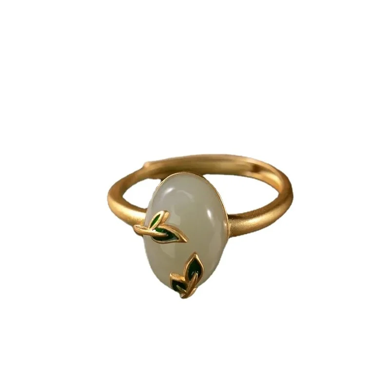 Natural Bamboo Jade Ring - S925 Sterling Silver Blue Bamboo Leaf Design, Elegant and Sophisticated Open Ring Jewelry