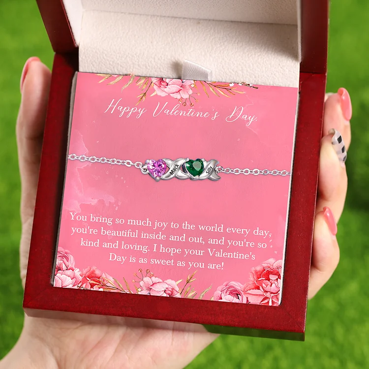 To My Valentine Personalized Bracelet Custom 2 Heart Birthstones Romantic Gift