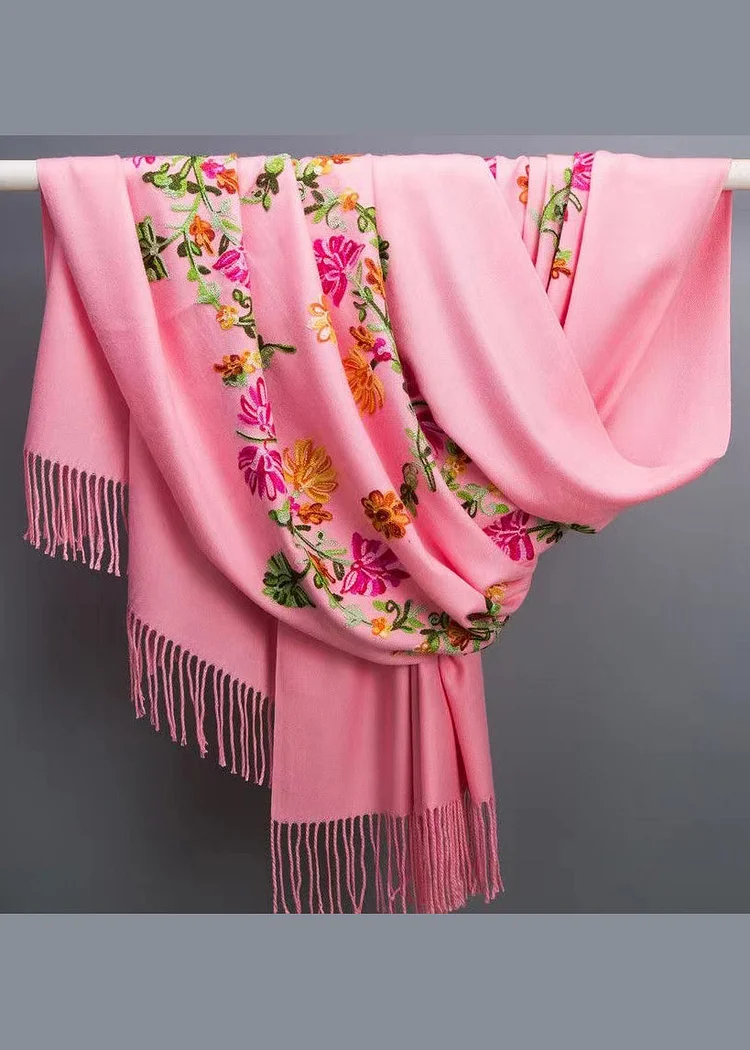 Bohemian Pink Tasseled Embroideried Faux Cashmere Scarf