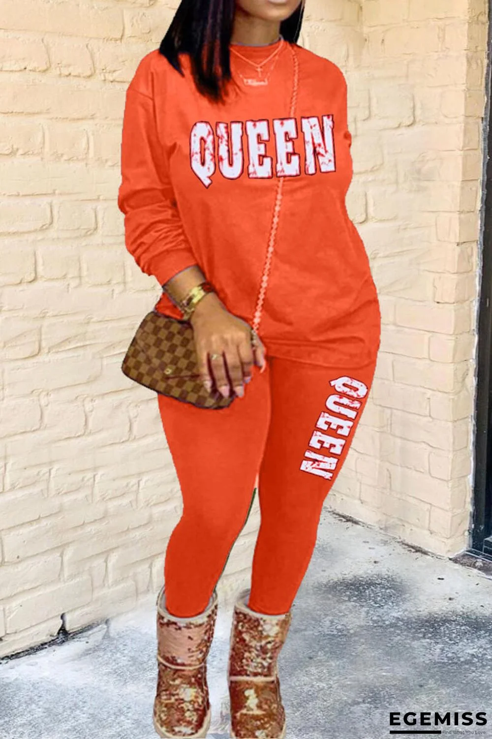 Orange Casual Print O Neck Long Sleeve Two Pieces | EGEMISS