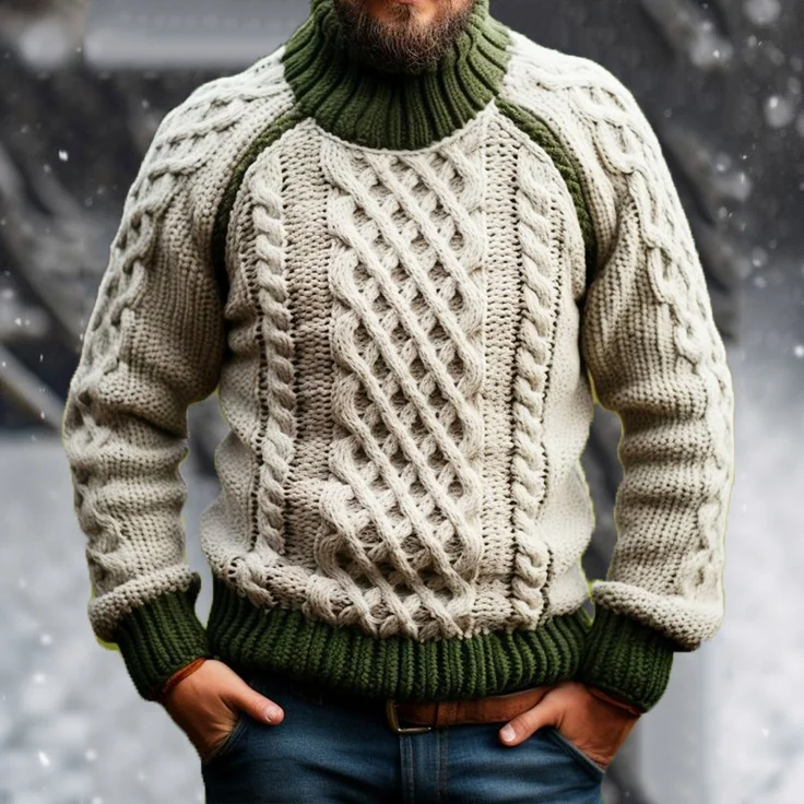 Utbros Men's Warm Contrast Color Clan Pattern Turtleneck Aran Sweater