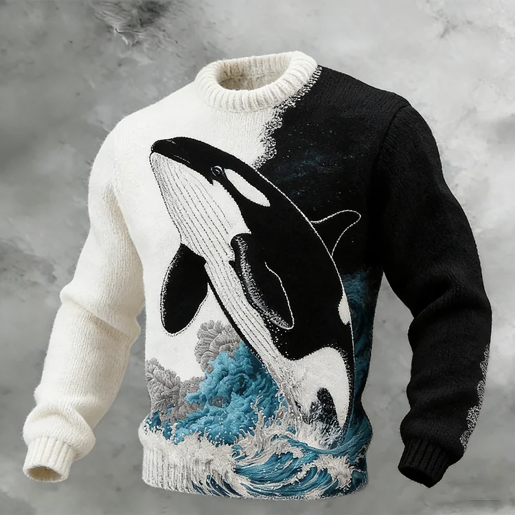 Japanese Art Style Ocean Whale Pattern Winter Warm Sweater