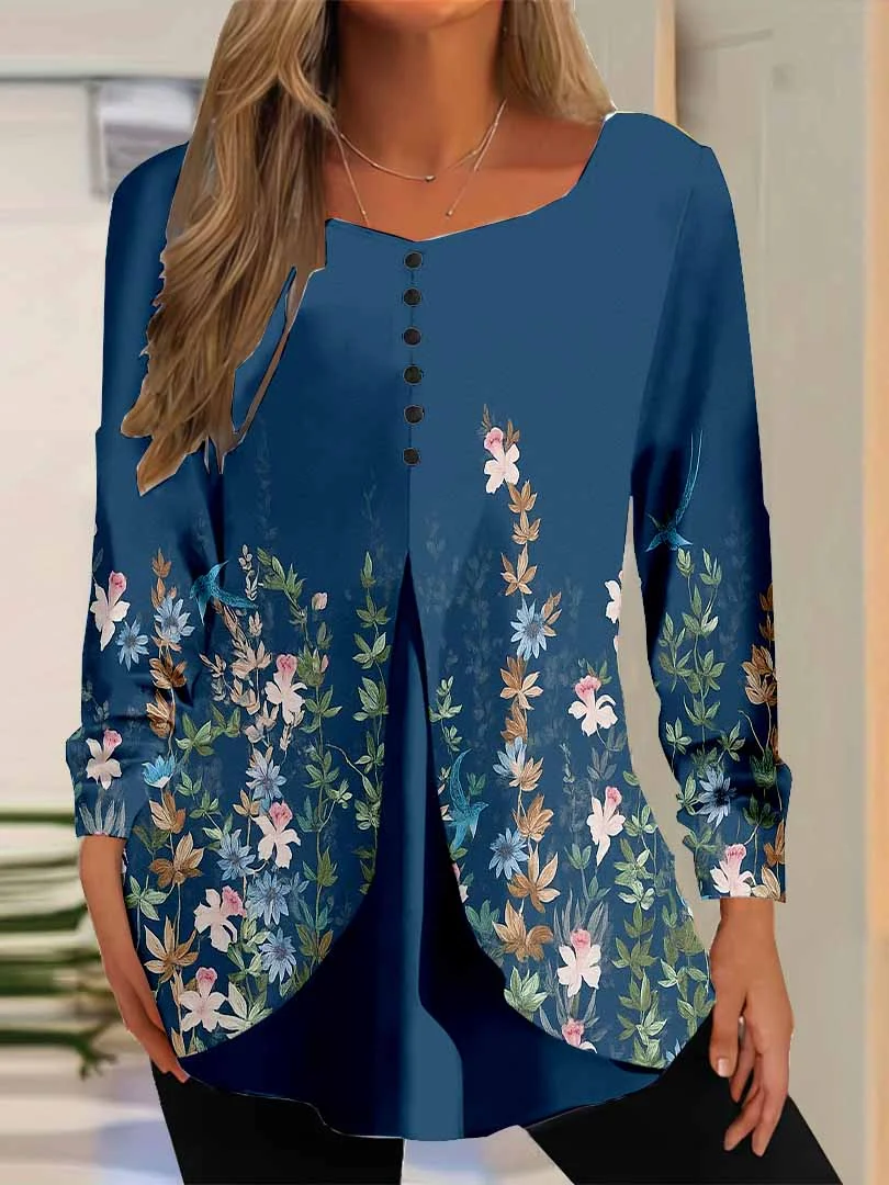 Women Floral,Blue DZGG8325 Long Sleeve Scoop Neck Printed Graphic Button Fake 2in1 Tops
