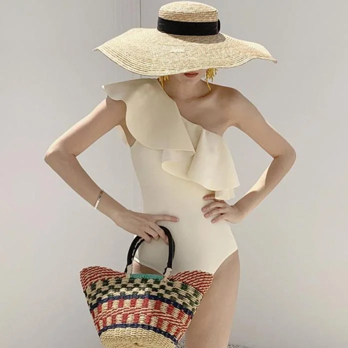 Flaxmaker One Shoulder Ruffle Sexy One Piece Swimsuit