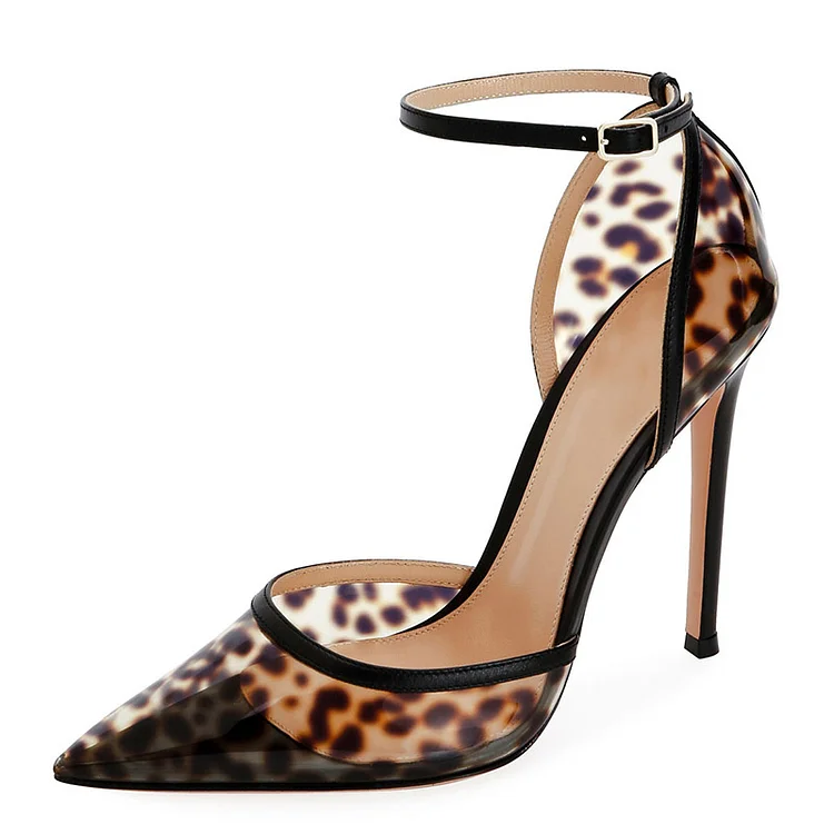 Black Leopard Print Heels PVC Ankle Strap Heels Pumps |FSJ Shoes