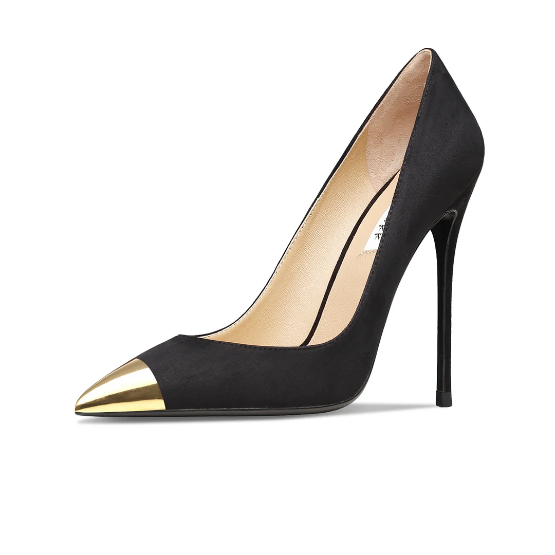  10CM/3.94 inch Stiletto Heel Pointed Toe Shallow Mouth Versatile Sexy Dress Suede Pumps  Black suede metallic pointed toe pumps