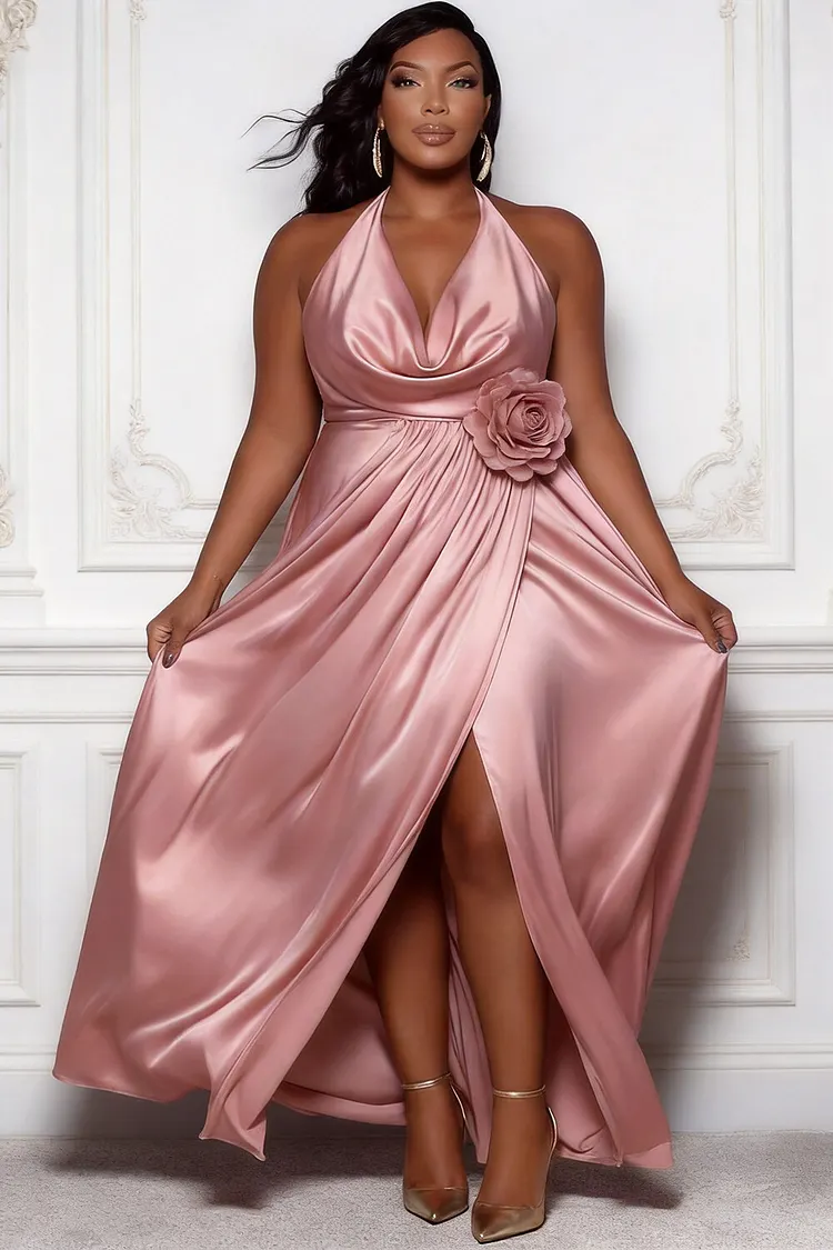 Xpluswear Design Plus Size Formal Pink Cowl Neck 3D Split Satin Maxi Dresses [Pre-Order] 2024 - Xpluswear