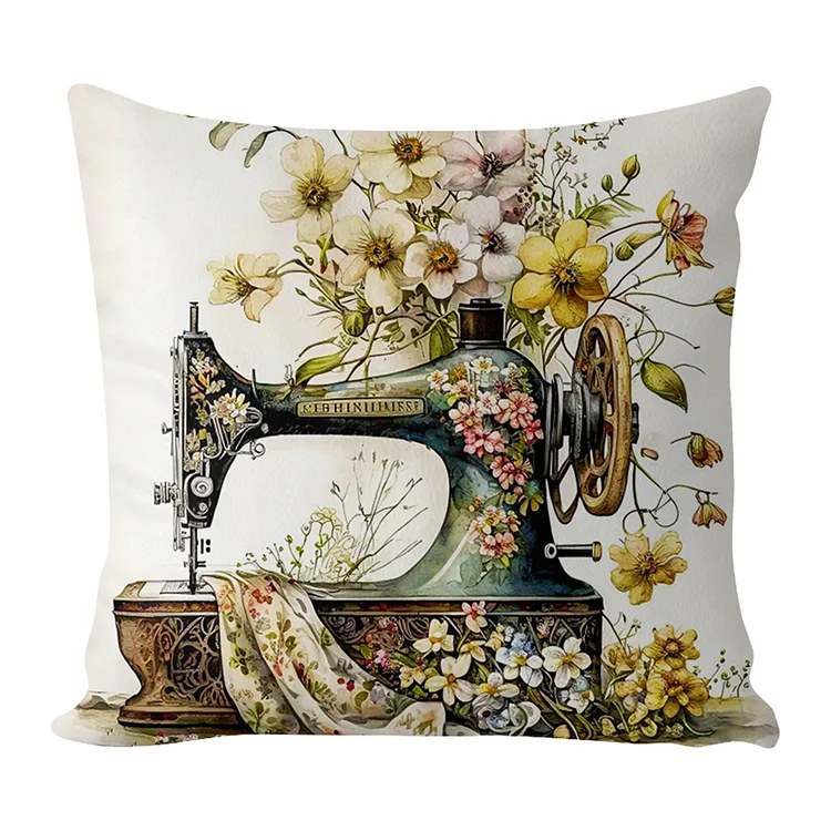 Pillow-Retro Floral Sewing Machine 11CT Stamped Cross Stitch 45*45CM(17.72*17.72In)