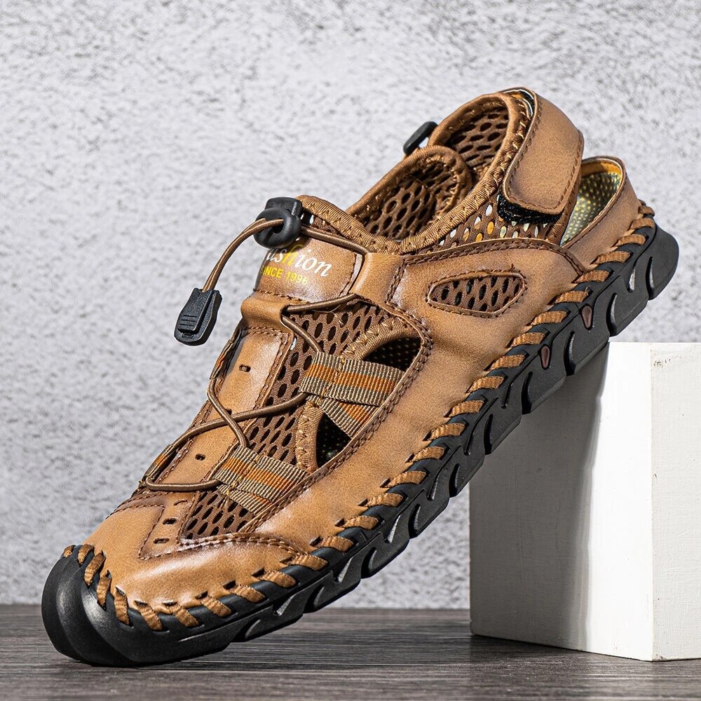 Men's Sandals Hand Stitching Leather Non-Slip Elastic Lace Outdoor Sandals | ARKGET
