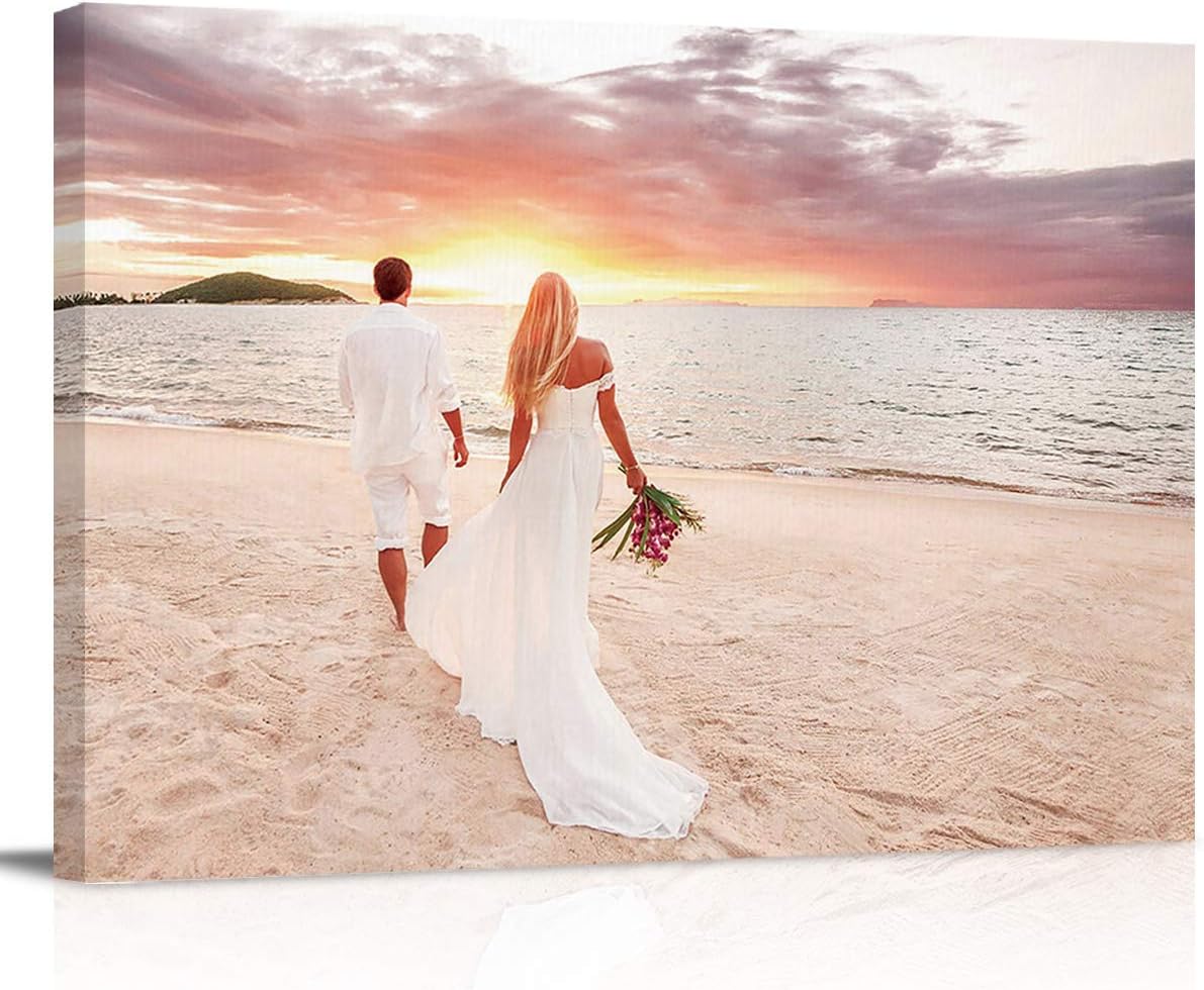 YOKOU Canvas Wall Art, Romantic Wedding Photo Beach Sea Sunset Sunrise Scenery Framed Paintings Print on Canvas Artwork for Bedroom Living Room Home Office Decoration, 36x24 Inches 36&#034;x24&#034;