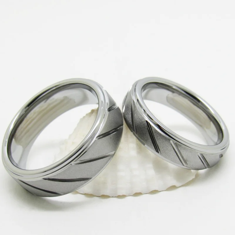 6MM 8MM Sliver Couple Tungsten Wedding Rings With Chamfered Grooves On Both Sides And Inclined Groove