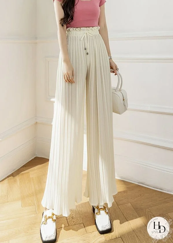 Women Apricot Lace Up Wrinkled Elastic Waist Chiffon Crop Pants