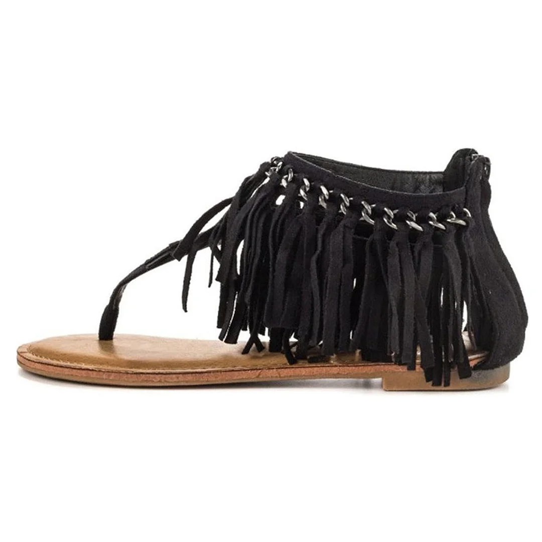 Black Round Toe Fringes Flip Flops Summer Sandals with Metal Chain